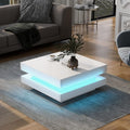 Square Coffee Table, Modern High Gloss White Coffee Table with Plug-in 16-Color LED Lights, 2-Tier Center Table for Living Room, White