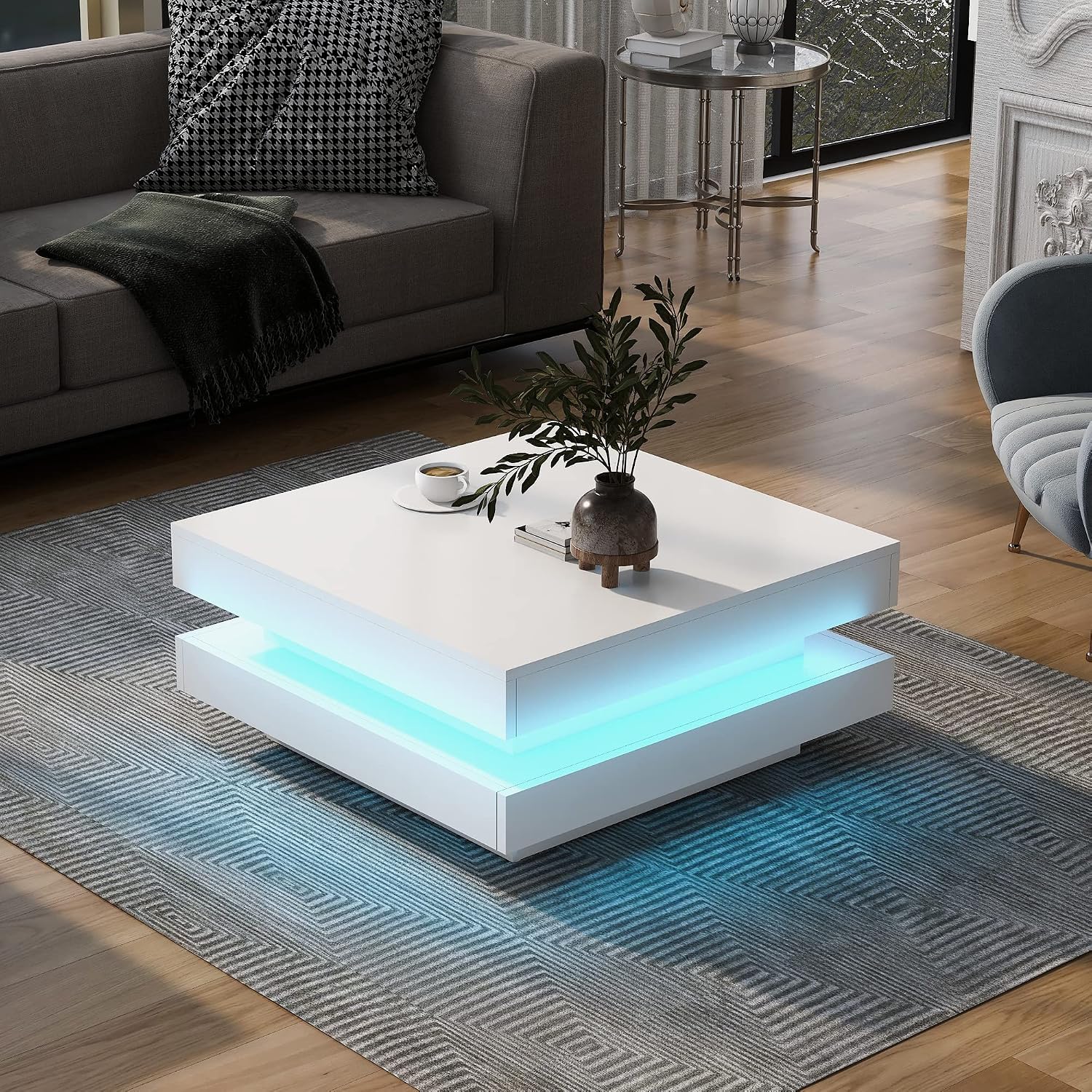 Square Coffee Table, Modern High Gloss White Coffee Table with Plug-in 16-Color LED Lights, 2-Tier Center Table for Living Room, White