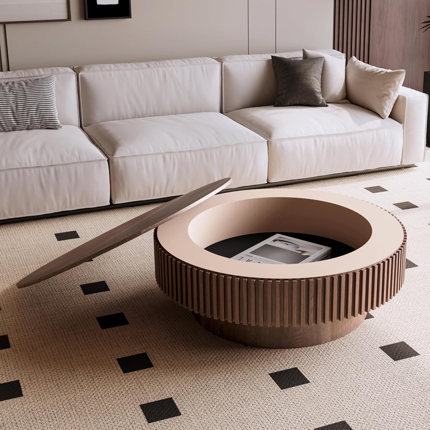 39.37'' Walnut Round Coffee Table Modern Wood Circle Fluted Drum Pedestal Coffee Table with Storage Space for Living Room, Easy Assembly, Walnut