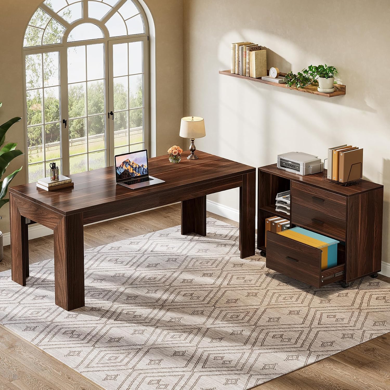 Tribesigns 63' L Shaped Desk with Storage, Executive Office Desk with Mobile Lateral File Cabinet Combo, Large Computer Table with Drawers and Shelves, Business Furniture Set for Home Office, Walnut