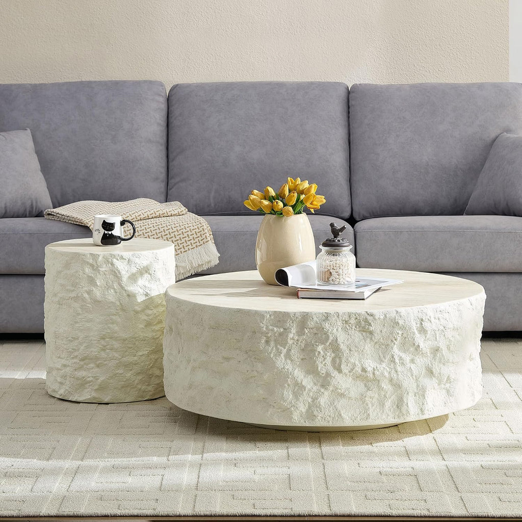 JUSTONE Round Coffee Table Set of 2,Modern Minimalist Side Tables for Living Room,Faux Marble Look，End Tables for Small Space,Home Office Decor