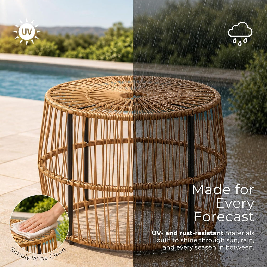 Furniture of America Ysar Boho Rattan Round Coffee Table Outdoor with Metal Frame, All-Weather and Rust Resistant, Handcrafted Coastal Furniture for Patio, Poolside, Garden, Yard, Natural Brown