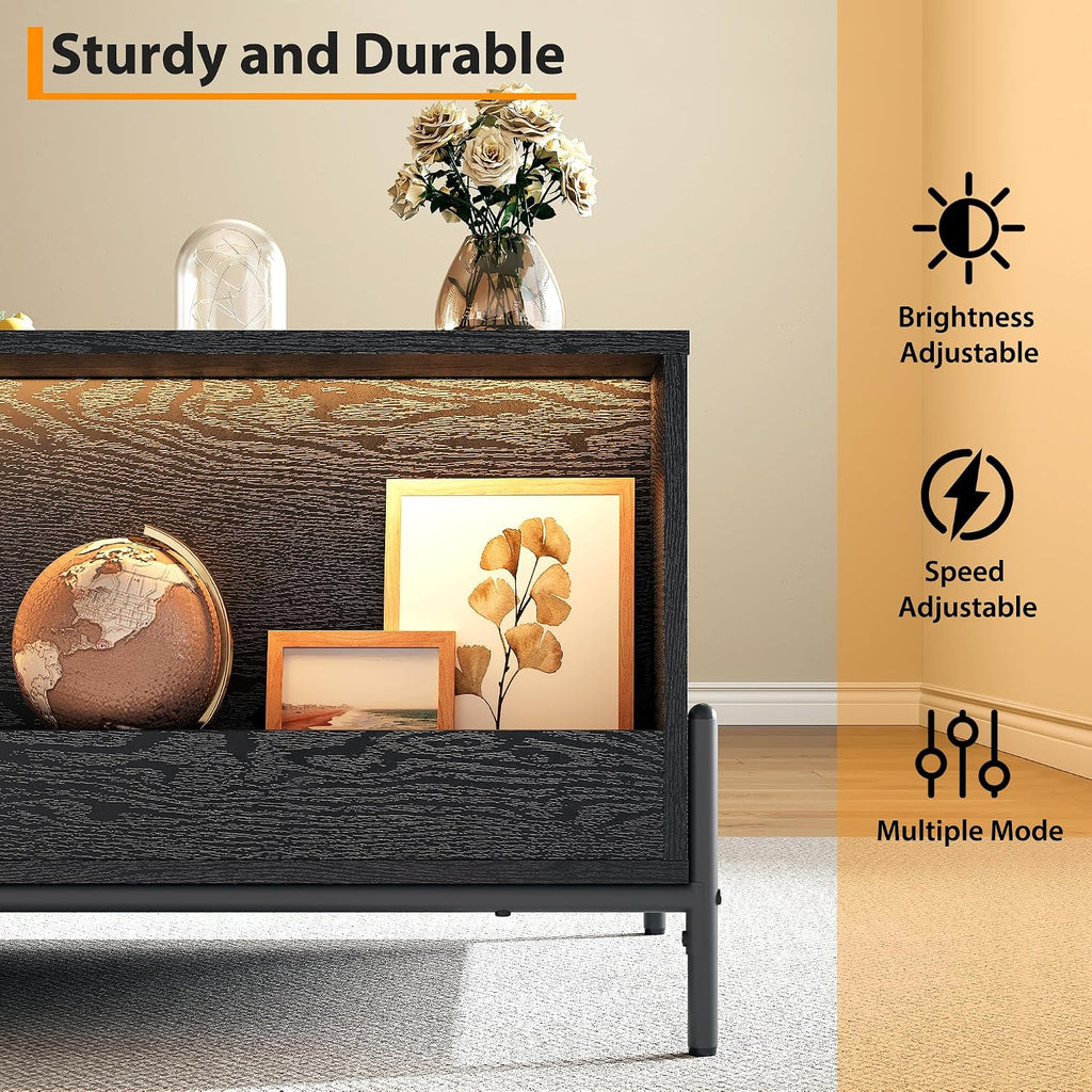 Mid Century Modern Rattan Coffee Table with Storage, Boho Rectangle Center Table with 2 Drawers, Open Shelf & Cabinet, Living Room Table with LED Lights, Wood and Metal Frame, Natural Oak and Black