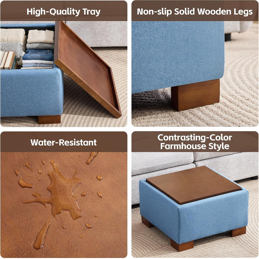 WUTUTUEE 24' Square Ottoman Coffee Table with Storage, Fabric Ottomans with Tray and Solid Wood Legs for Living Room, Bedroom and Apartments, Small Modern Ottoman Tea Table with Lift-Off Lid, Blue