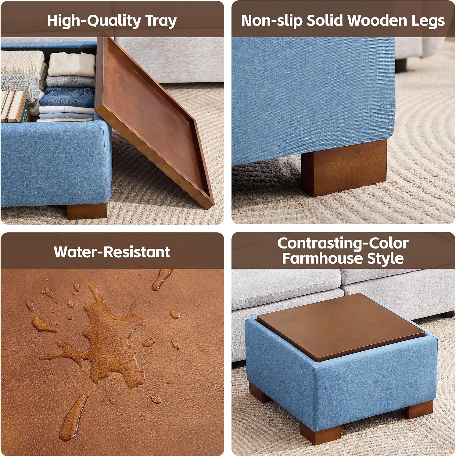 WUTUTUEE 24' Square Ottoman Coffee Table with Storage, Fabric Ottomans with Tray and Solid Wood Legs for Living Room, Bedroom and Apartments, Small Modern Ottoman Tea Table with Lift-Off Lid, Blue