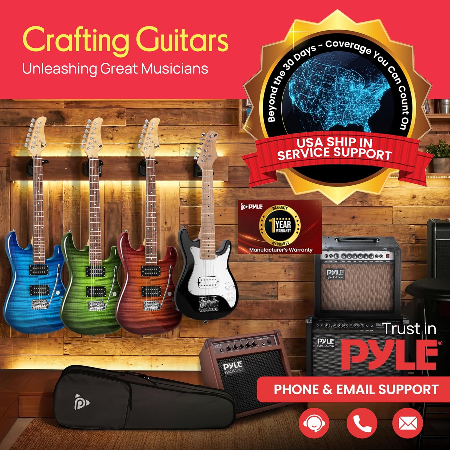Pyle 6-String Kids Electric Guitar Includes Amplifier with Accessory Kit (Black), Right (PEGKT30.X9)