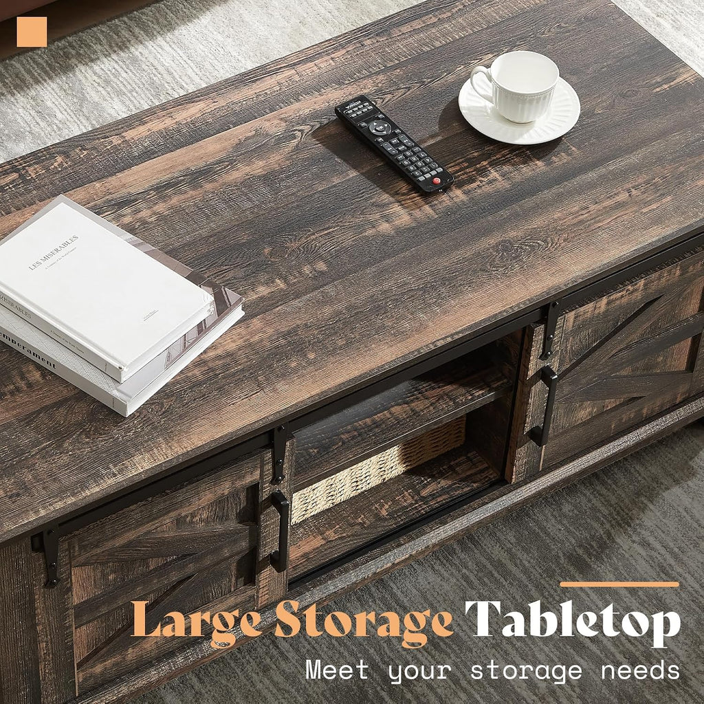 AMERLIFE 3-Piece Farmhouse Living Room Table Set - Coffee Table with Sliding Barn Doors & End Table Set of 2 with Charging Station and Storage Drawers, Oak Black