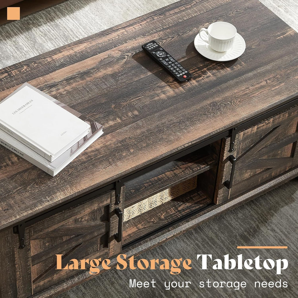 AMERLIFE Farmhouse Coffee Table with Sliding Barn Doors & Storage Cabinet for Living Room, 48' Modern Center Table, Adjustable Shelves, Rustic Oak Black