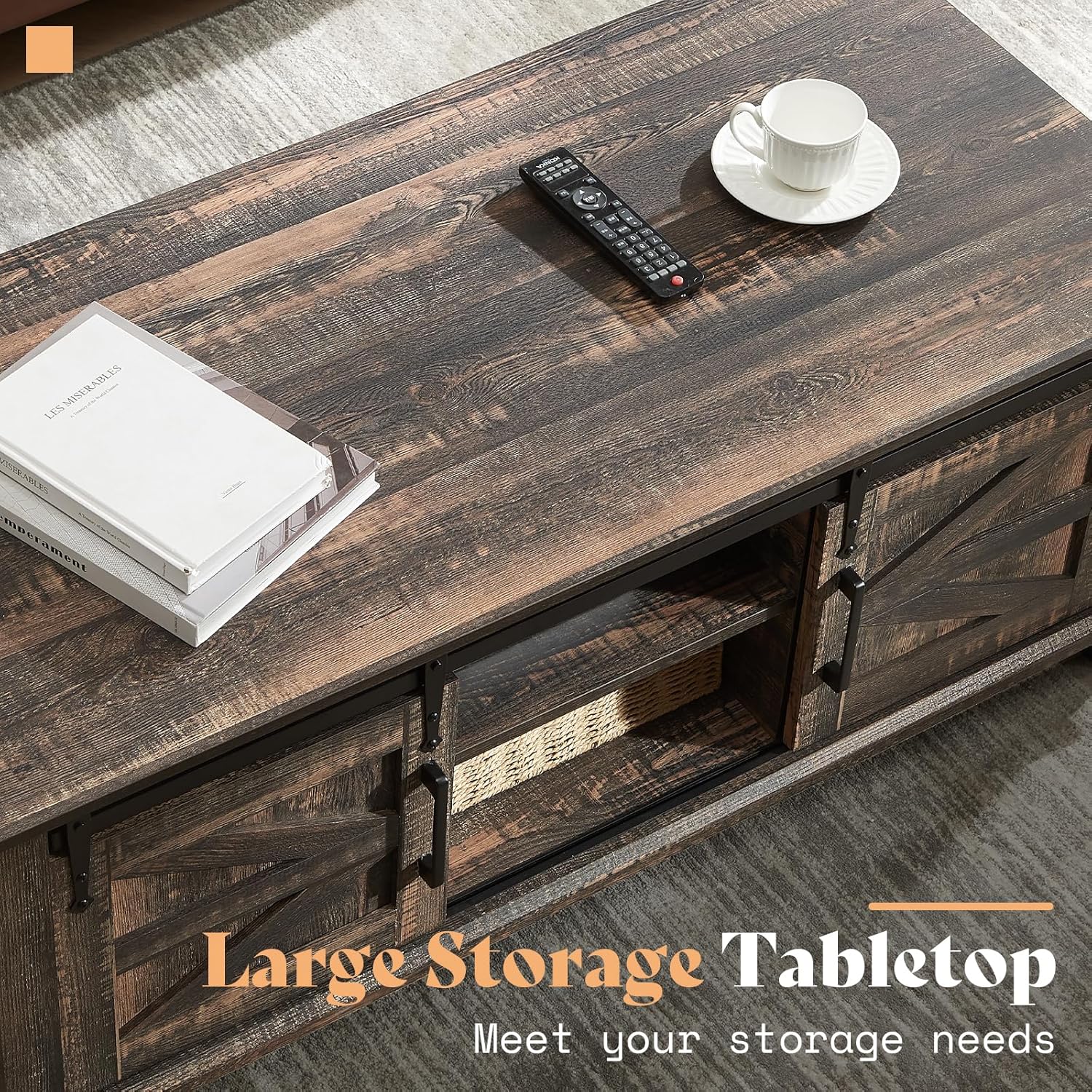 AMERLIFE Farmhouse Coffee Table with Sliding Barn Doors & Storage Cabinet for Living Room, 48' Modern Center Table, Adjustable Shelves, Rustic Oak Black
