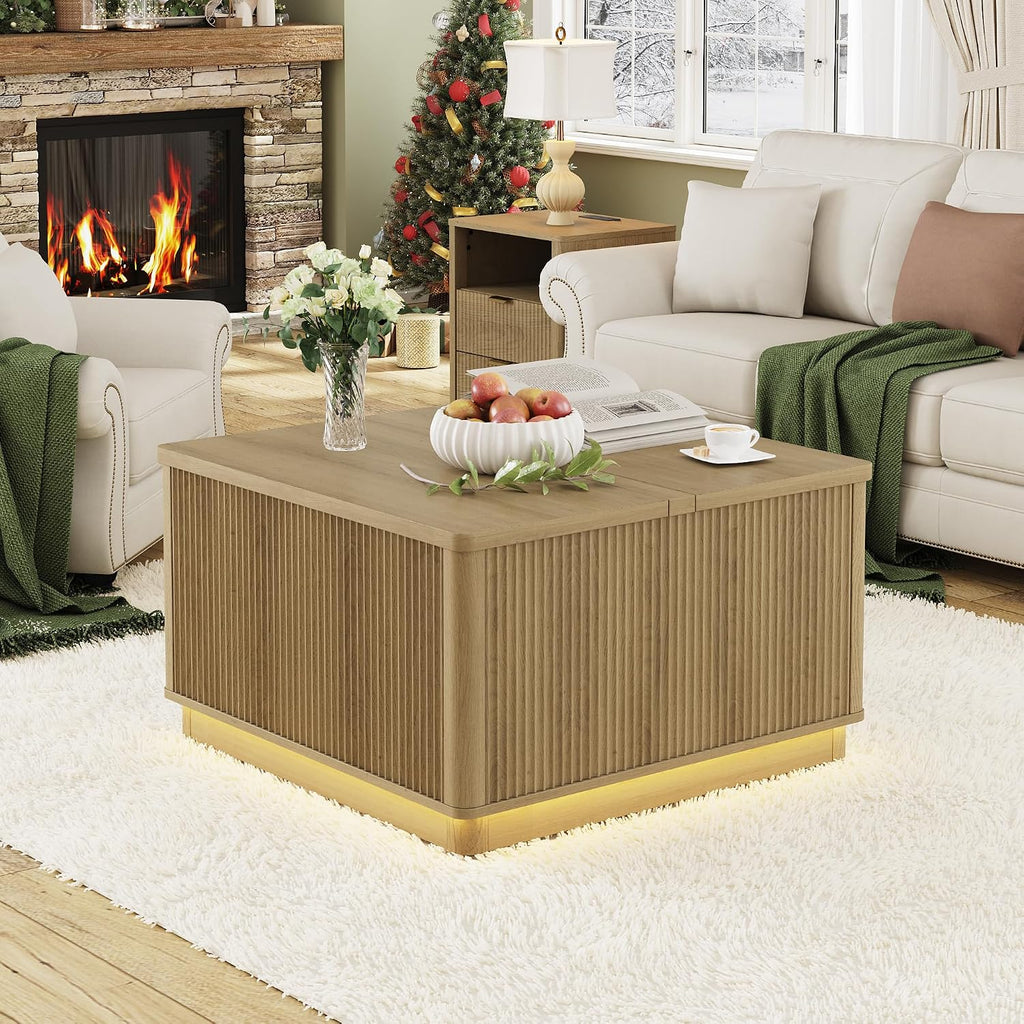 Modern Lift Top Coffee Table with Storage, Square Coffee Tables with LED Lighting and Power Outlet, Wooden Square Center Table for Living Room, Home Office, Natural