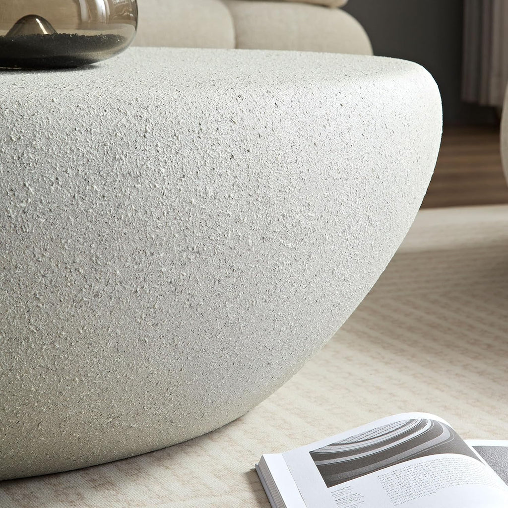 WILLIAMSPACE 43.3' Oval Coffee Table with Grainy Rocks Pattern, Modern Irregular Travertine Faux Stone Center Table, Drum Fiberglass Coffee Table Accent Tea Table for Living Room, No Need Assembly