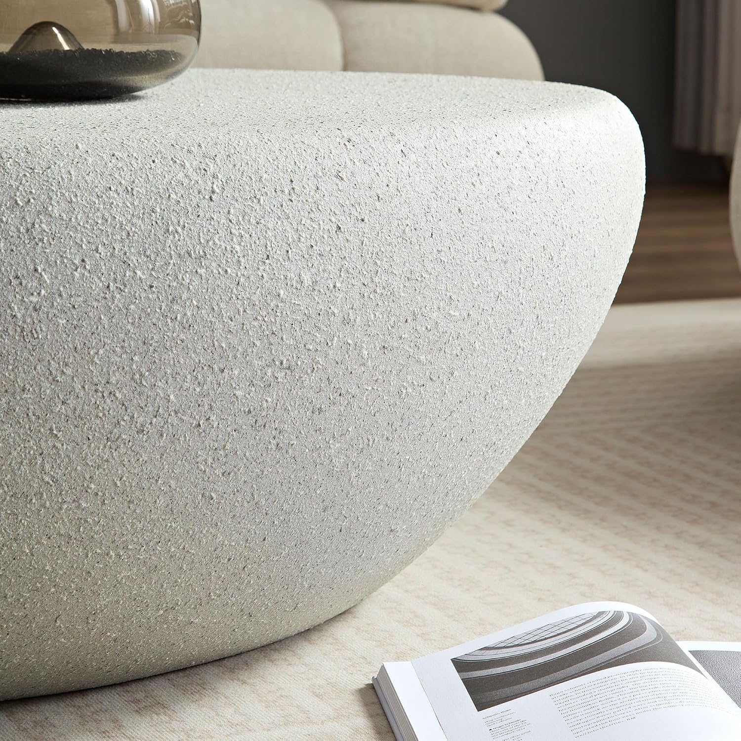 WILLIAMSPACE 43.3' Oval Coffee Table with Grainy Rocks Pattern, Modern Irregular Travertine Faux Stone Center Table, Drum Fiberglass Coffee Table Accent Tea Table for Living Room, No Need Assembly