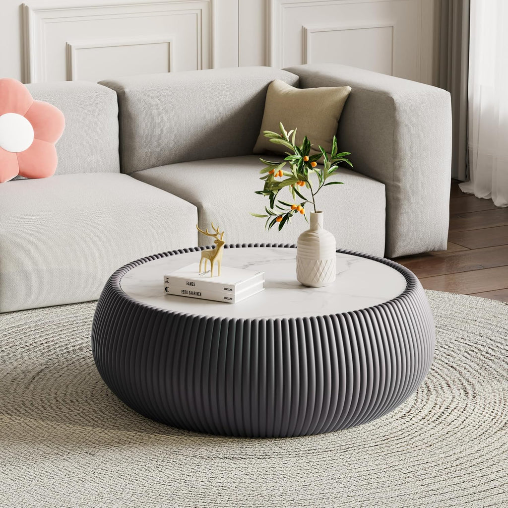 Grey Round Coffee Table with Sintered Stone Tabletop, 27.55' Drum Coffee Table with Fluted PU Leather Covered and Stable Base, Circle Cocktail Tea Table for Living Room