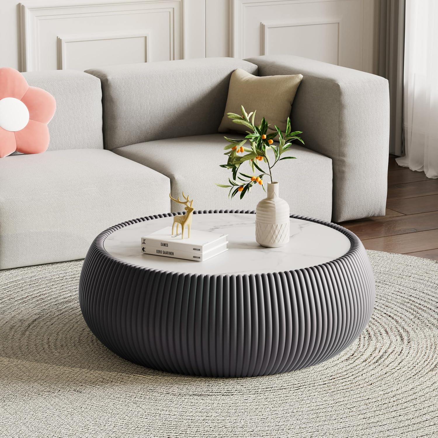 Grey Round Coffee Table with Sintered Stone Tabletop, 27.55' Drum Coffee Table with Fluted PU Leather Covered and Stable Base, Circle Cocktail Tea Table for Living Room