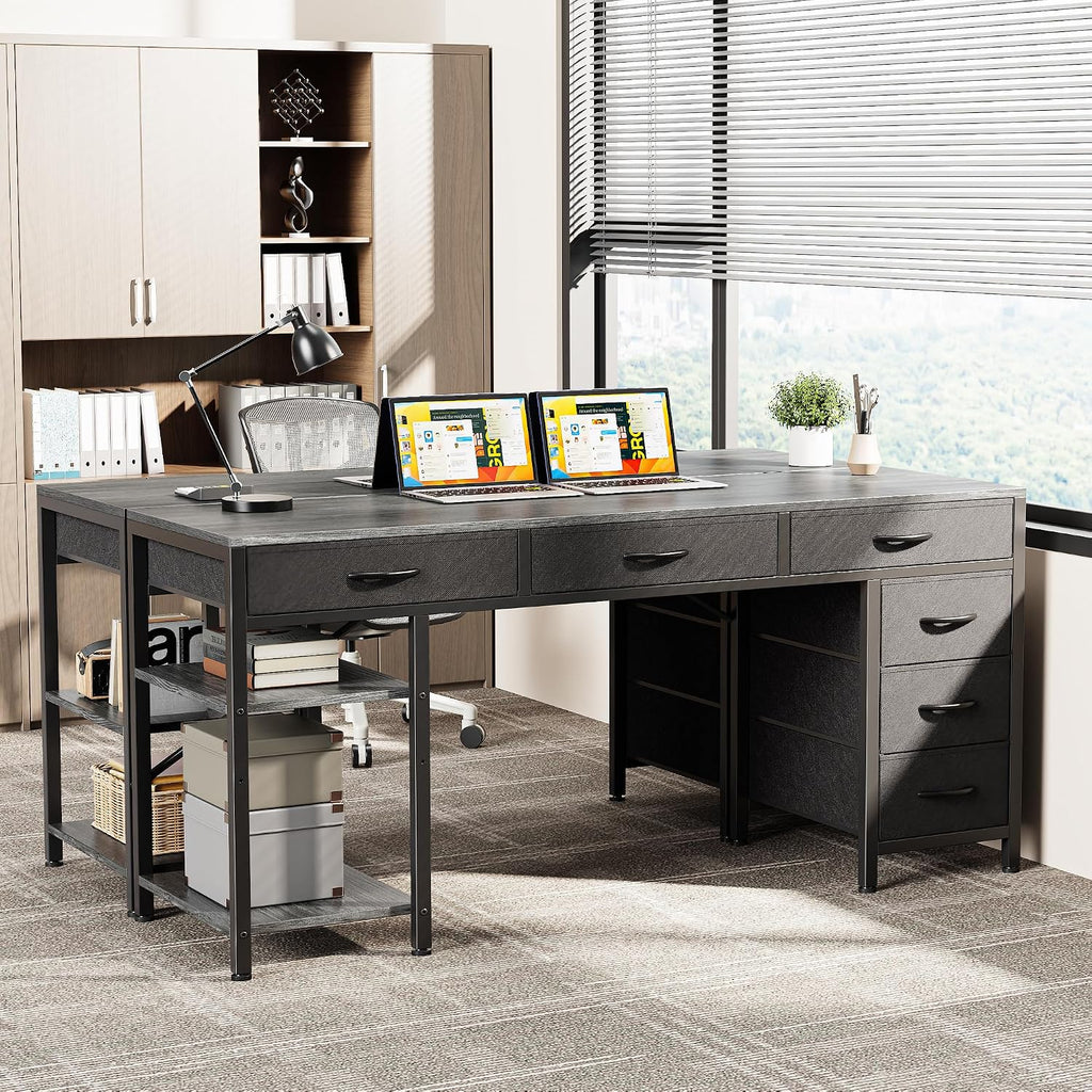 Huuger Computer Desk with 6 Drawers, Office Desk with Shelves, Reversible Gaming Desk, Corner Desk with Storage, Work for Home Office, Study, Living Room, 54inch, Grey