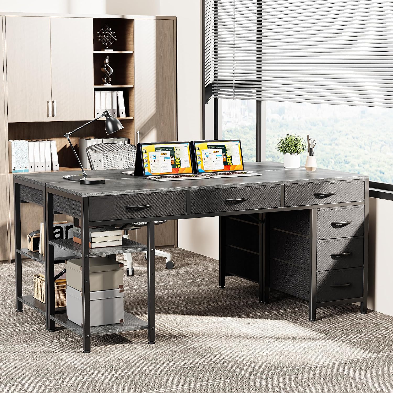 Huuger Computer Desk with 6 Drawers, Office Desk with Shelves, Reversible Gaming Desk, Corner Desk with Storage, Work for Home Office, Study, Living Room, 54inch, Grey