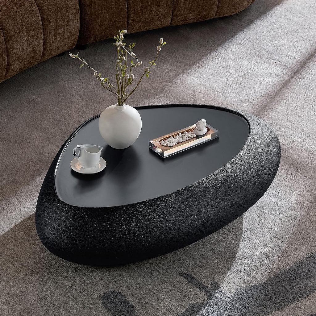 WILLIAMSPACE 47.24' Oval Coffee Table with Grainy Matte Rocks Pattern, Modern Faux Stone Irregular Center Table, Drum Fiberglass Coffee Table Accent Side Table End Table for Living Room (Black)
