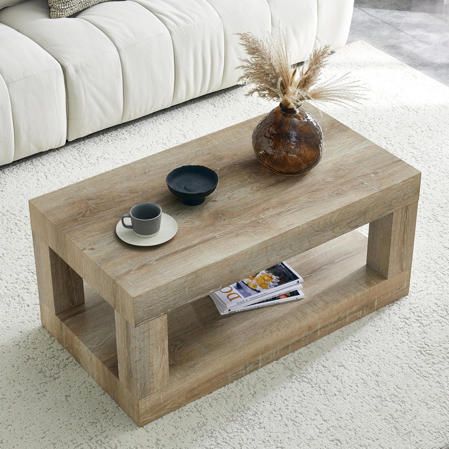 LKTART 39.37' Coffee Table with Storage, 2-Tier Mid Century Rectangular Accent Table with Thick Tabletop, Rustic Style Cocktail, Center Table for Living Room, Office, Apartment (Antique Natural)