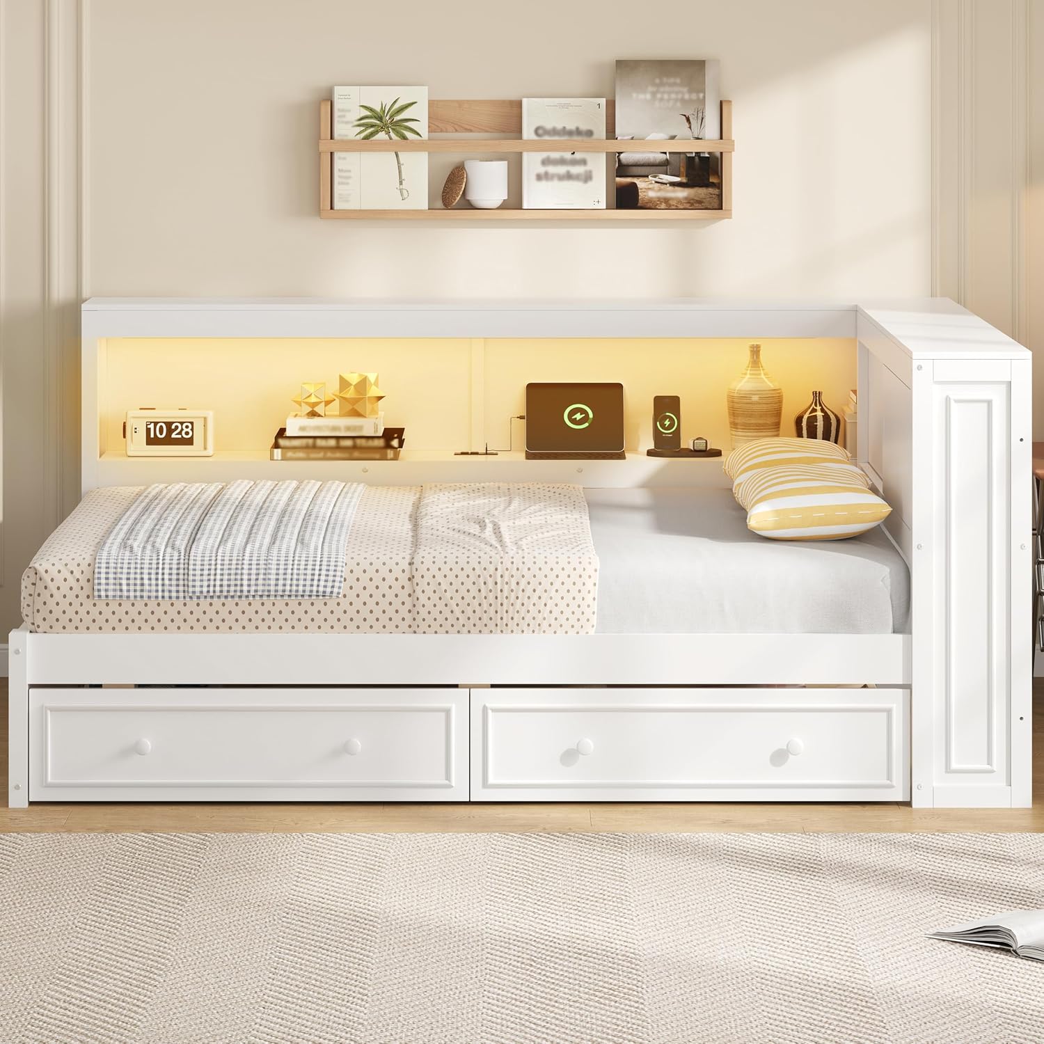 Full Size Daybed with Storage Drawers & Shelves,L-Shape Daybed with USB Charging Station & LED Light Strip for Kids Teens Adults,Wooden Corner Bed Frame with Slat Support for Bedroom,Guest Room,White