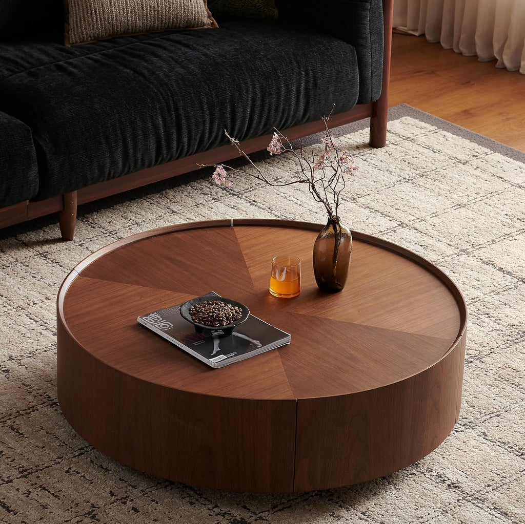 WILLIAMSPACE 39.37' Round Coffee Table with 2 Drawers Storage, Modern Circle Drum Center Table Tea Table for Living Room Apartment, No Need Assembly - Walnut