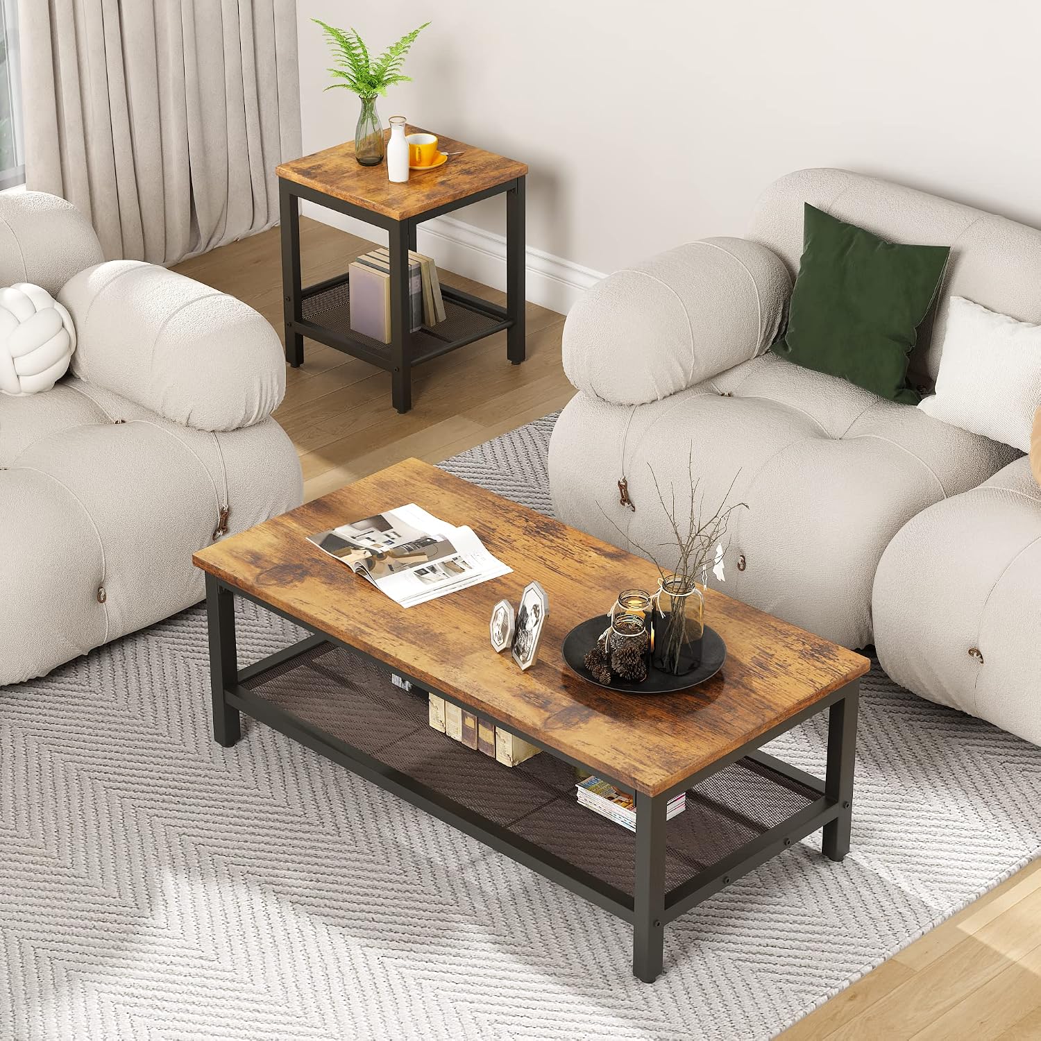 furlinkhm Coffee Table Set of 3, Industrial Coffee Table with 2 Square End Side Tables, Modern Living Room Table Set, with Metal Frame, for Apartment Home Office, Brown