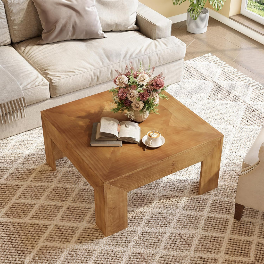 LITTLE TREE 39.4' Solid Wood Coffee Table, Square Coffee Table with Intricate Inlaid Top & Sturdy Legs, Rustic Center Tables for Living Room, Easy Assembly, Brown, 39.4' L x 39.4' W x 19.7' H
