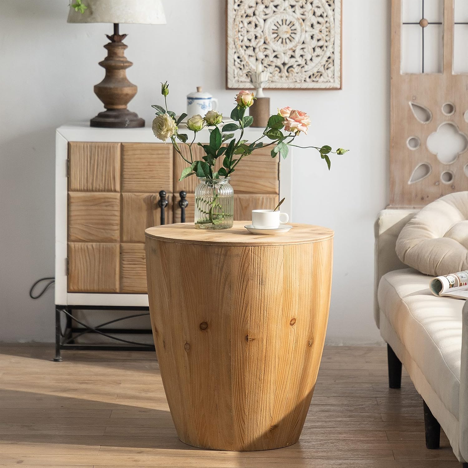 20.87' Vintage Wood Drum Bucket Shaped Coffee Table, Round Side End Table with Storage, Small Center Table for Living Room, No Need Assembly