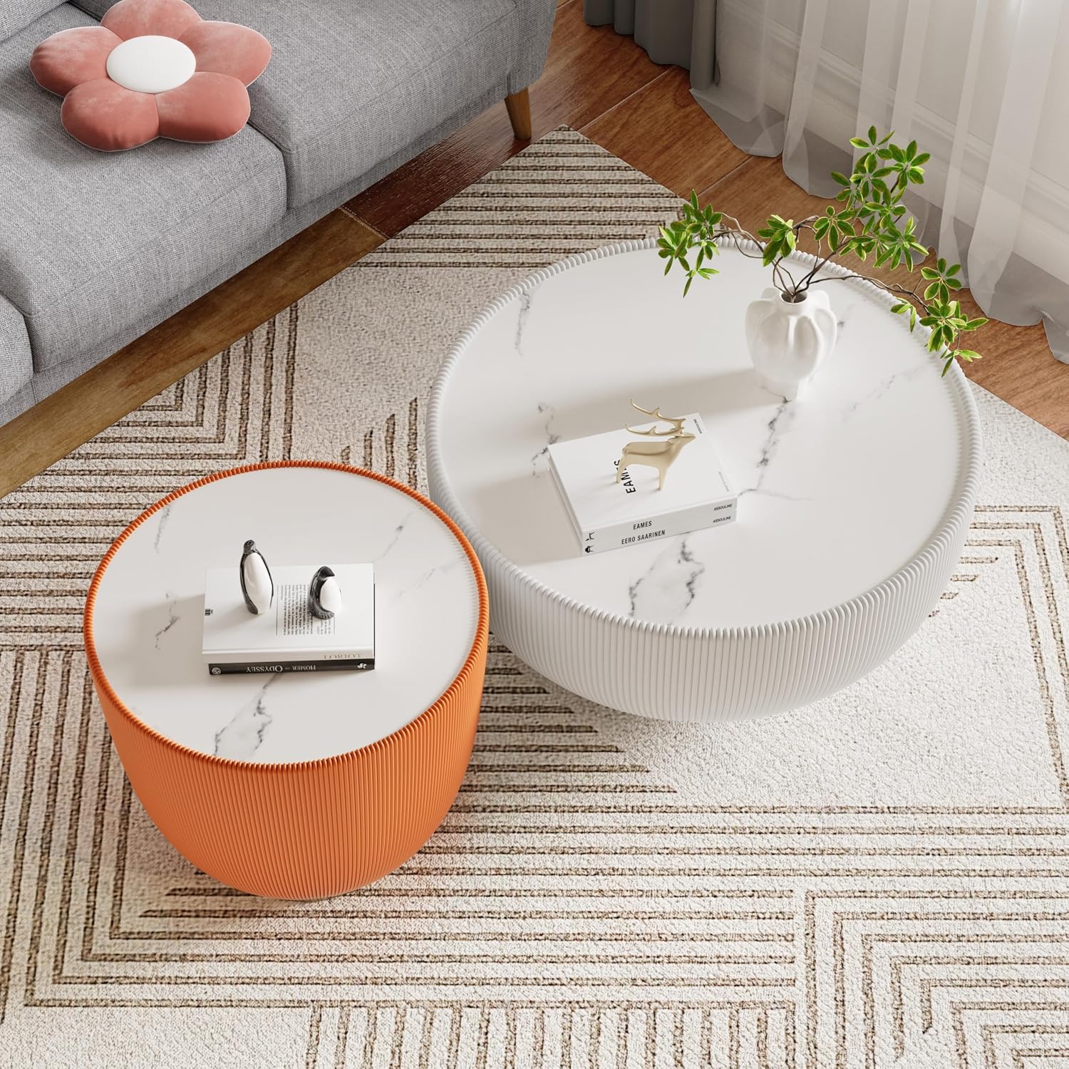 Round Coffee Table Set with Sintered Stone Tabletop, 27.56' White Drum Center Table and 19.69' Orange Coffee Table Set, 2 Pieces Living Room Table Set with Fluted PU Leather Cover& Metal Base