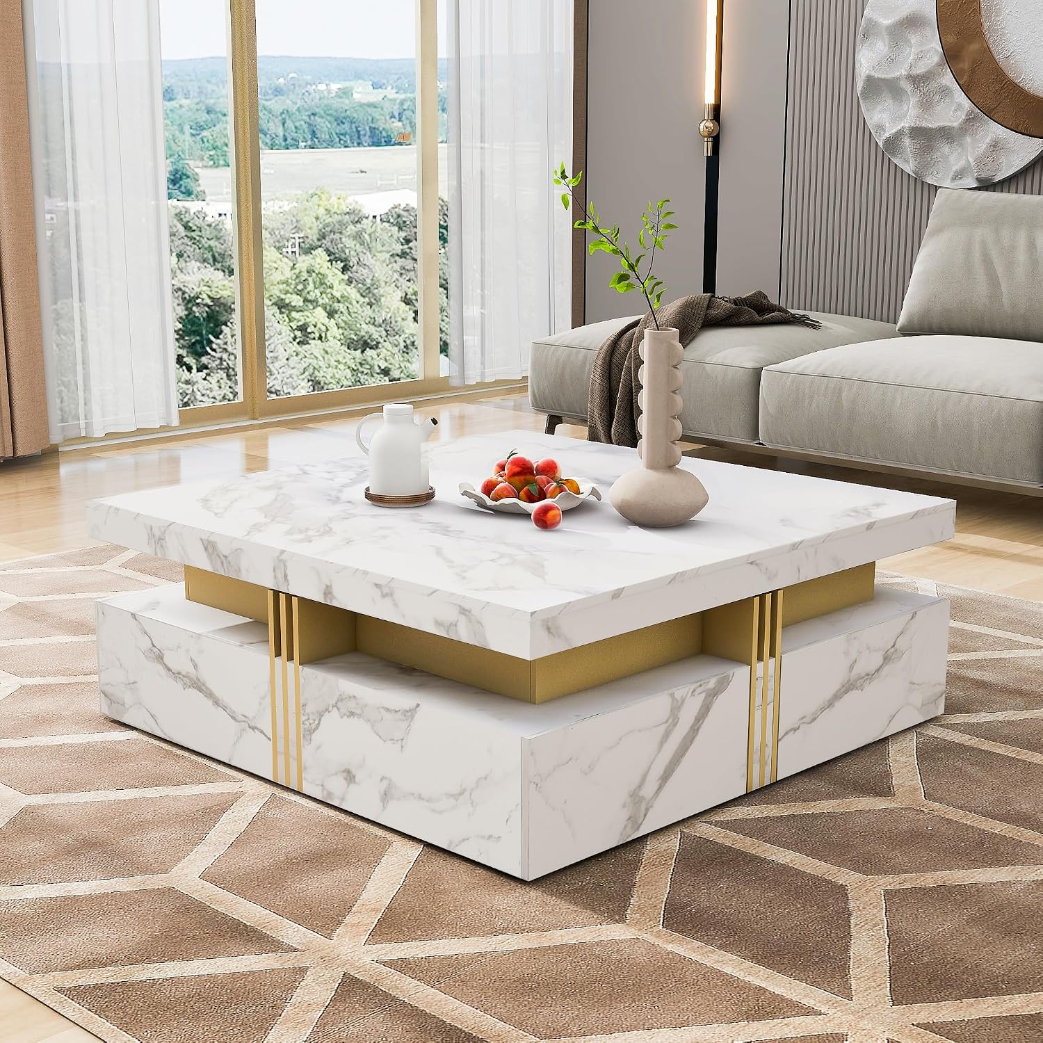 Modern White Square Storage Coffee Table with 4 Drawers for Living Room
