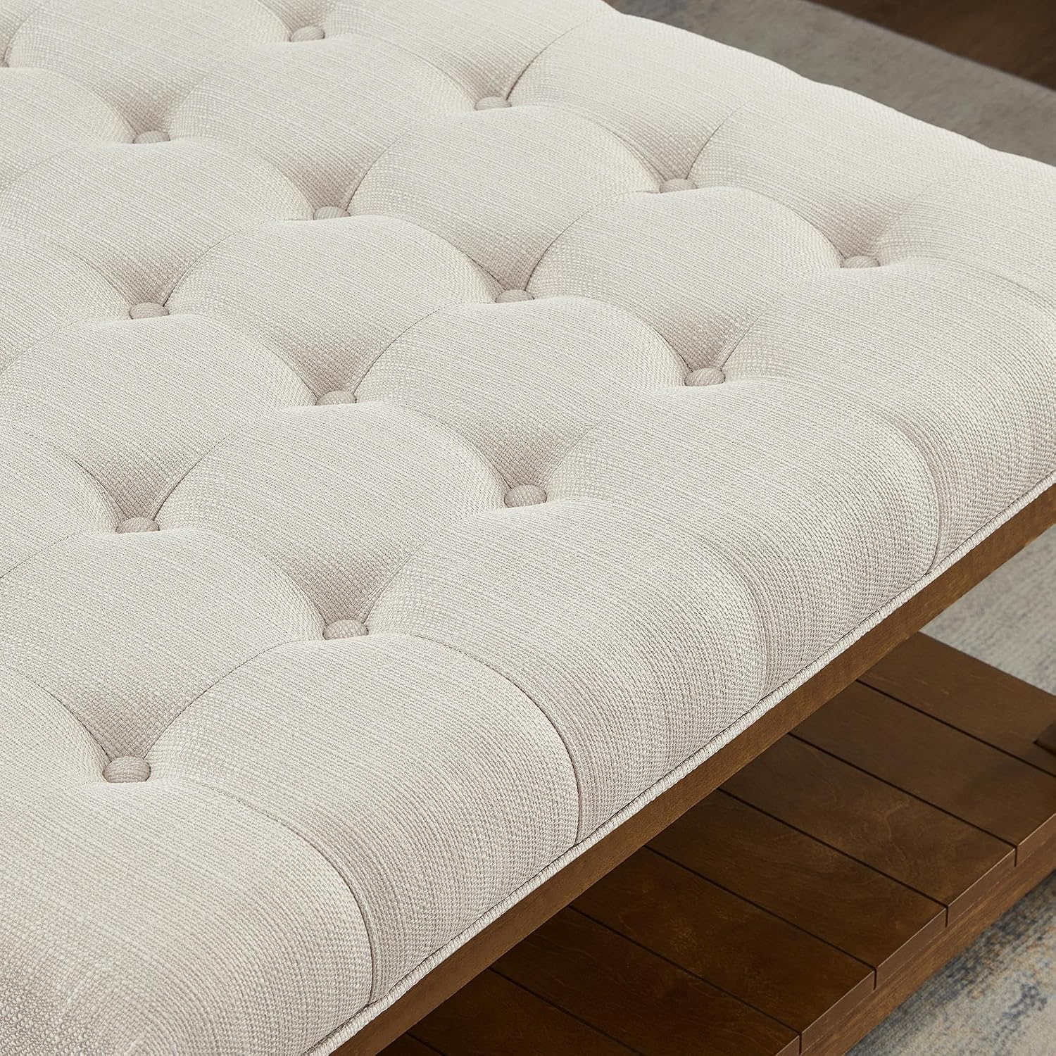 GDFStudio Large Square Upholstered Tufted Linen Ottoman Coffee Table with Solid Wood Frame and Open Storage Shelf, Nailhead Trim Accent Footrest for Living Room, Ivory
