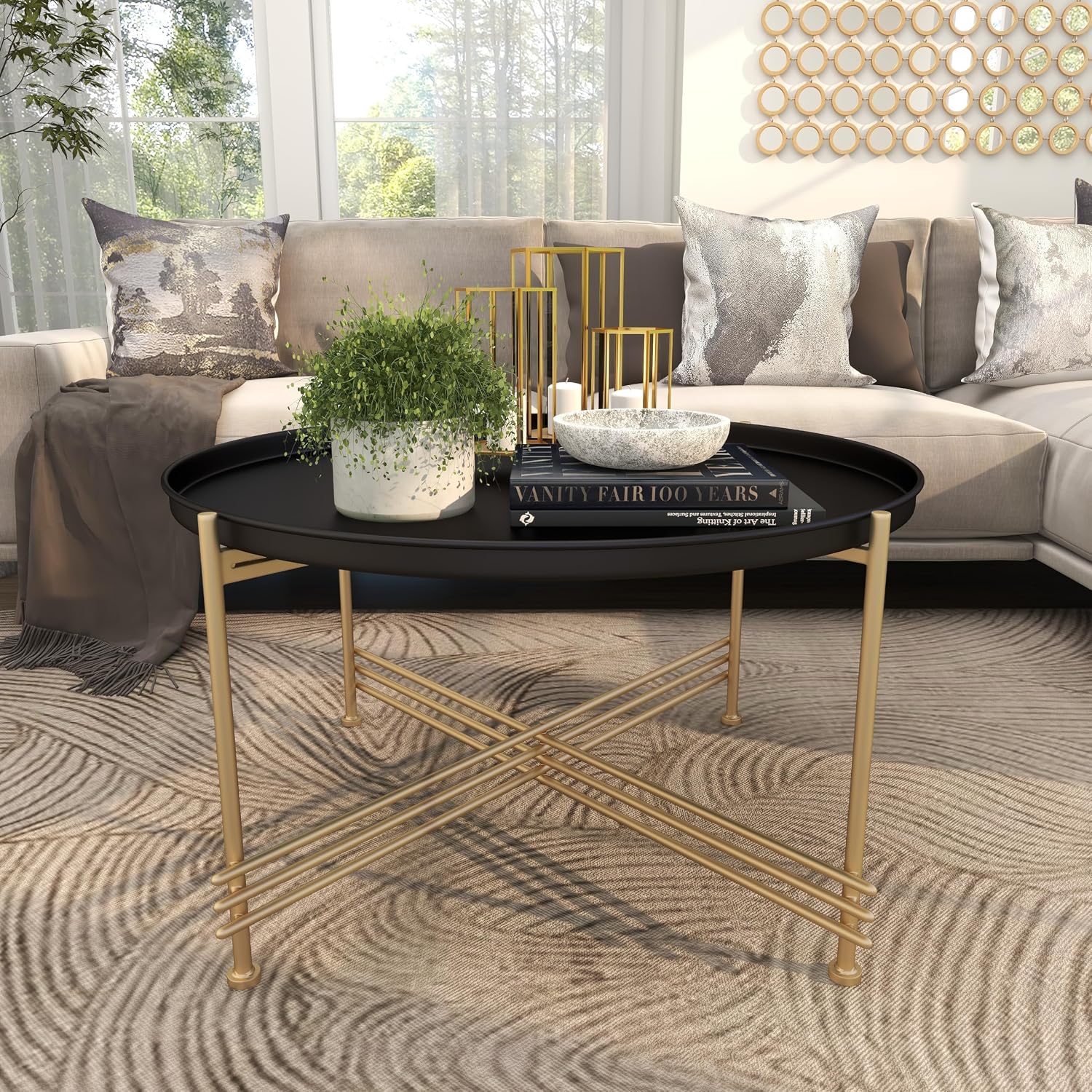 Deco 79 Metal Living Room Coffee Table Tray Top Table with Gold X-Shaped Base, Center Table 33' x 33' x 19', Black
