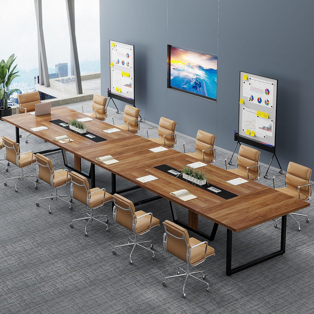 Tribesigns 8FT Conference Table Set of 2, Large Meeting Podcast Table for 10 People, Business Style Wooden Training Table with Strong Metal Frame for Office Conference