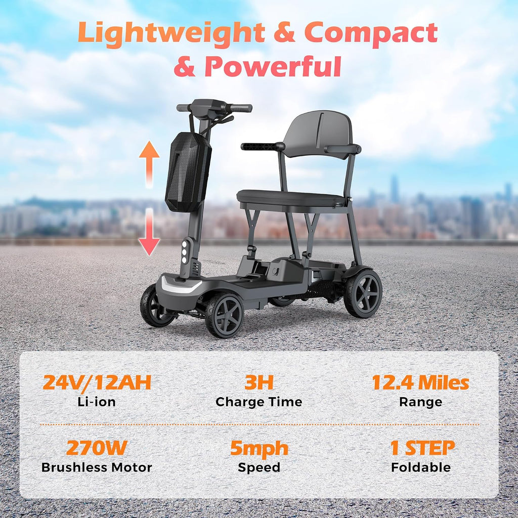 37.5lb Lightweight Mobility Scooter for Seniors & Adults - Cruise & Airline Approved, Removable Lithium Battery, Foldable Portable Travel Motorized Scooter, No Assembly Needed, 12.4Miles Range, Black