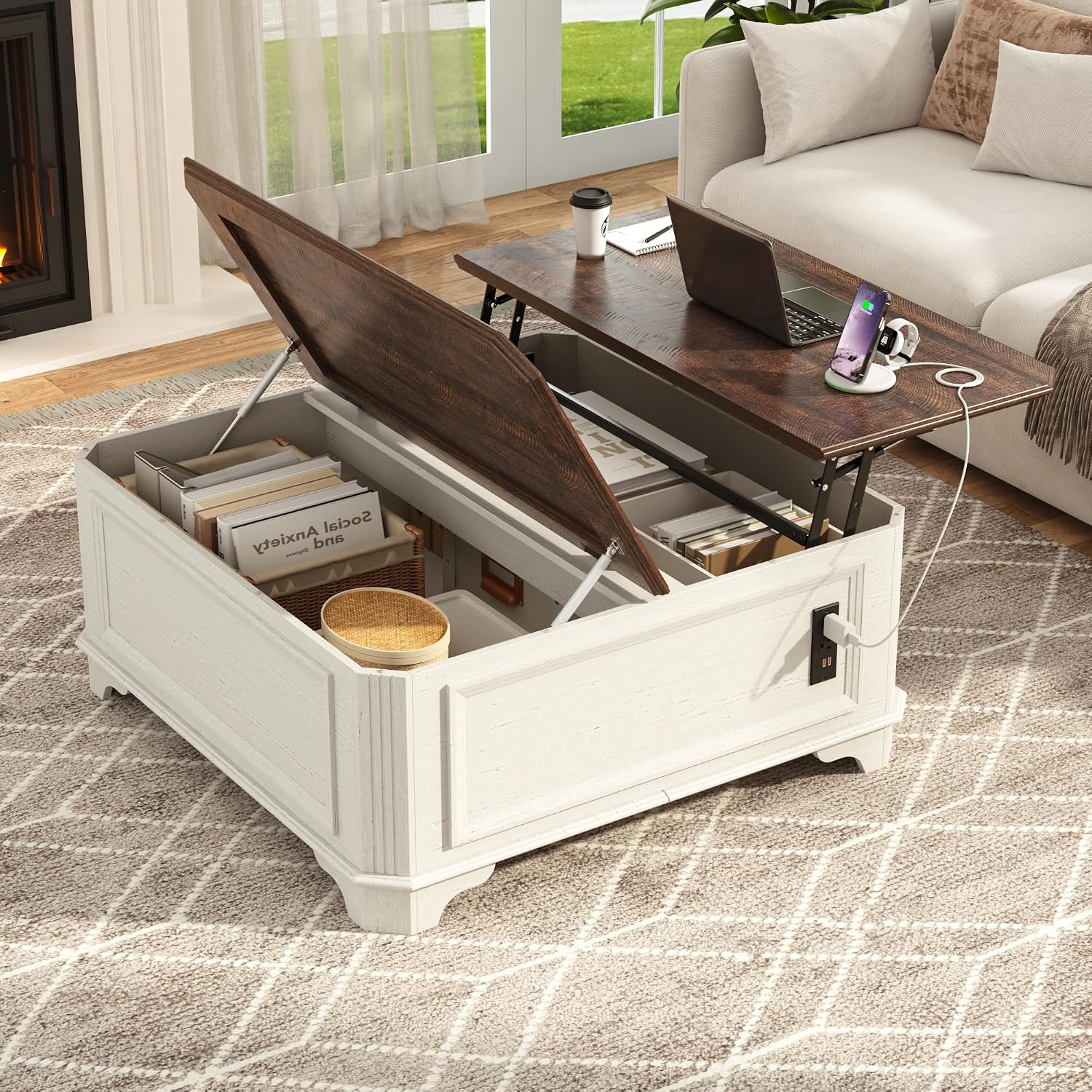 St.Mandyu 40 Inch Farmhouse Lift Top Coffee Table with Charging Station & Hidden Storage - Square Center Table with Lifting Top, Large Storage Cabinet for Living Room, Bedroom, Home Office, White