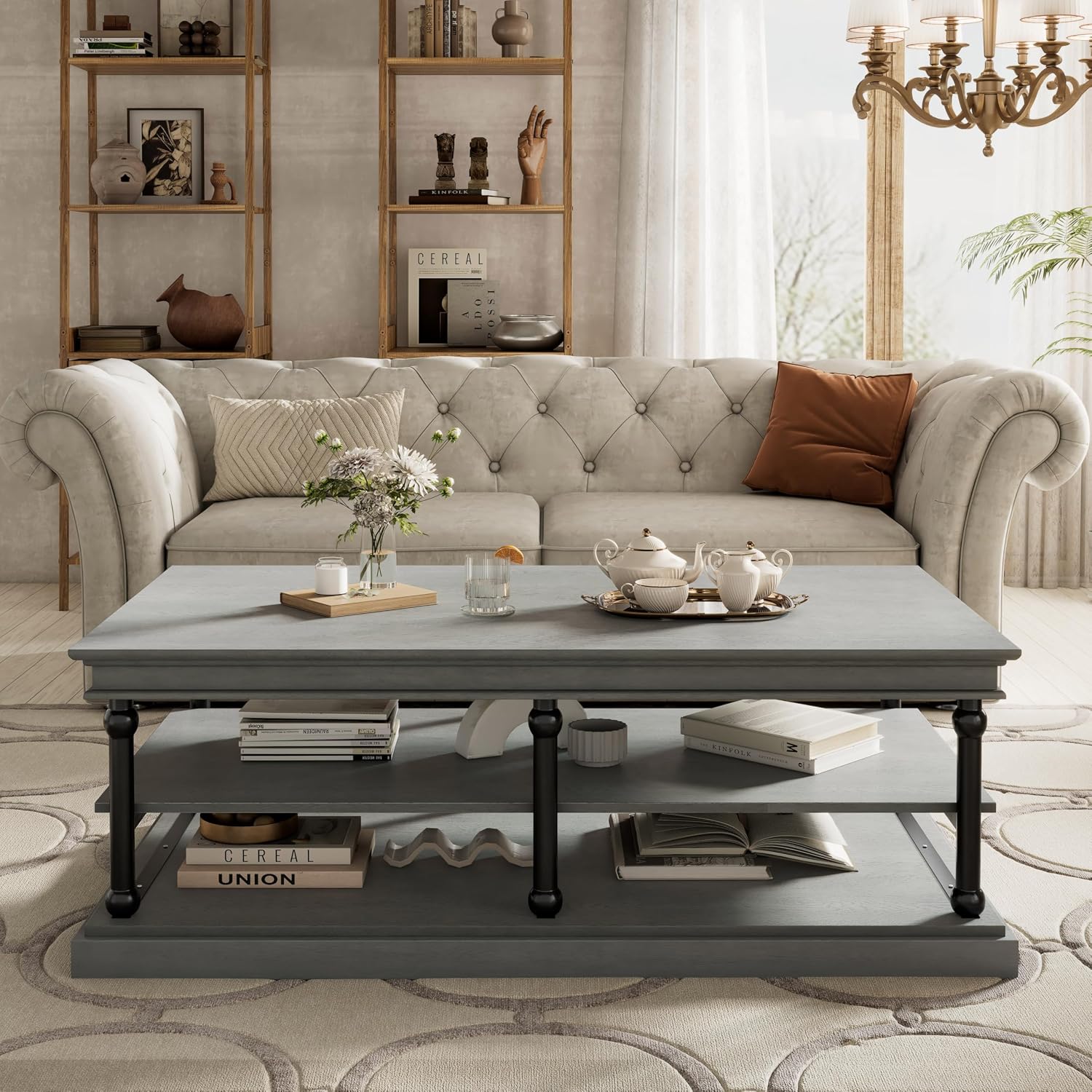 Christopher Knight Home Oner Living Room Coffee Table with Spacious 2-Tier Design, Modern Rubberwood Rectangular Side Table, Multifunctional Accent Table with Open Storage Shelves, Black + Gray