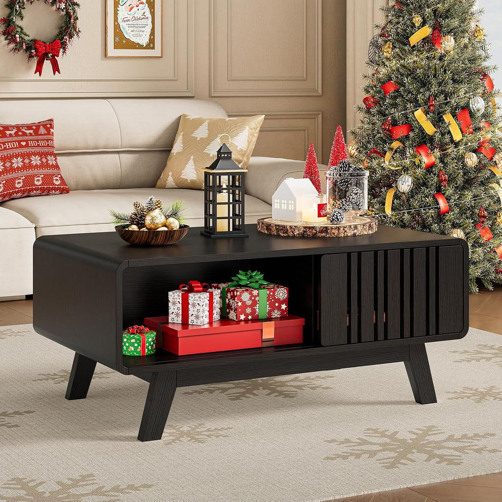 ONBRILL Coffee Table, Mid Century Modern Table with Storage Compartment, Fluted Table with Sliding Cabinet Door, Farmhouse Wood Coffee Table for Living Room (Black)