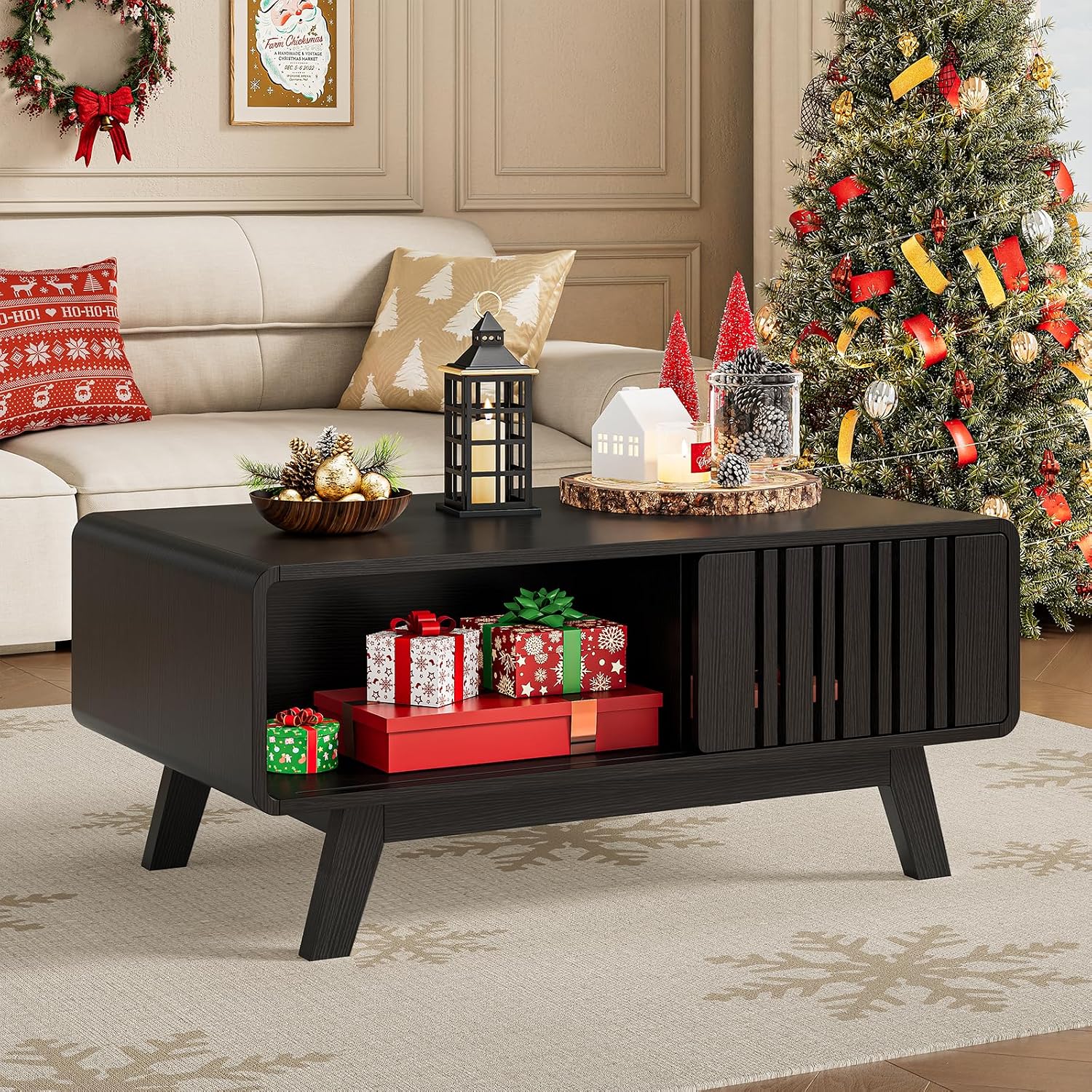 ONBRILL Coffee Table, Mid Century Modern Table with Storage Compartment, Fluted Table with Sliding Cabinet Door, Farmhouse Wood Coffee Table for Living Room (Black)