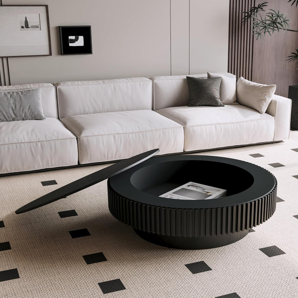 39.37'' Black Round Coffee Table Modern Wood Circle Fluted Drum Pedestal Coffee Table with Storage Space for Living Room, Easy Assembly, Black