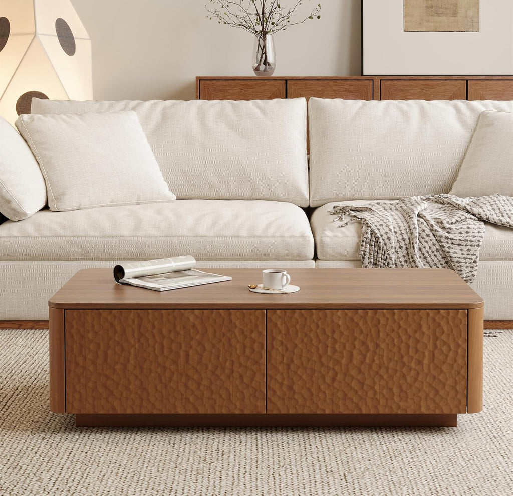SSLine 47.2' Hammered Wood Coffee Table with 2 Storage Drawers, Modern Rectangle Center Table with Curved Edges & Textured Finish for Living Room Home Office,Brown