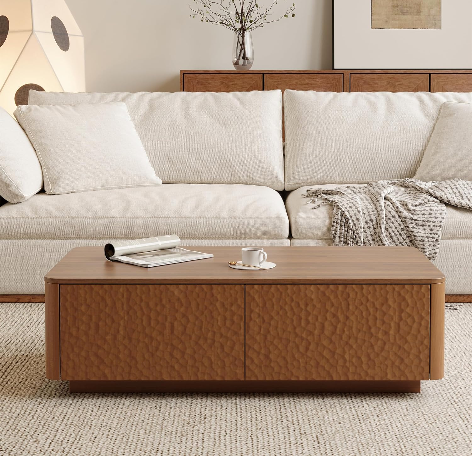 SSLine 47.2' Hammered Wood Coffee Table with 2 Storage Drawers, Modern Rectangle Center Table with Curved Edges & Textured Finish for Living Room Home Office,Brown