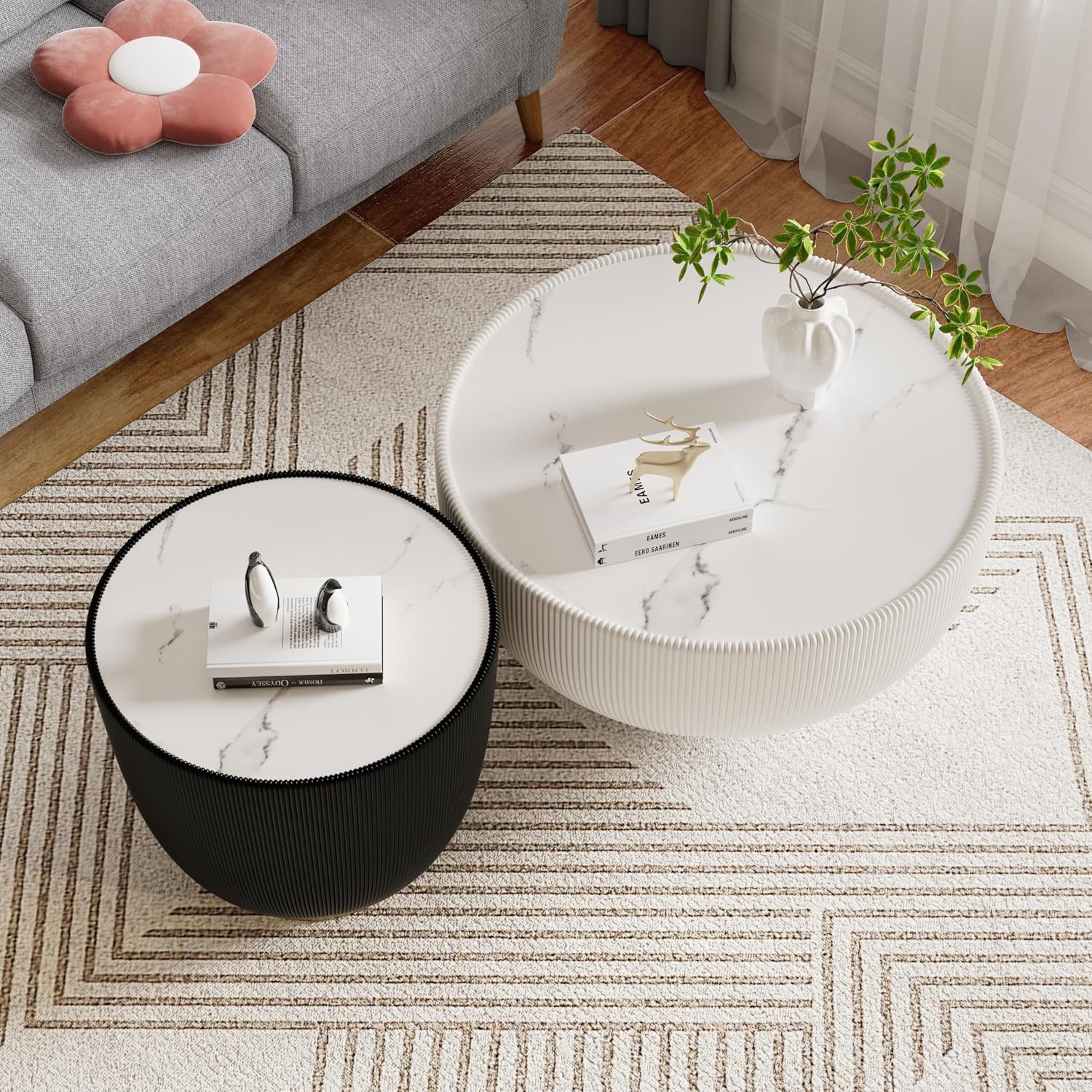 Round Coffee Table Set with Sintered Stone Tabletop, 27.56' White Drum Center Table and 19.69' Black Coffee Table Set, 2 Pieces Living Room Table Set with Fluted PU Leather Cover& Metal Base