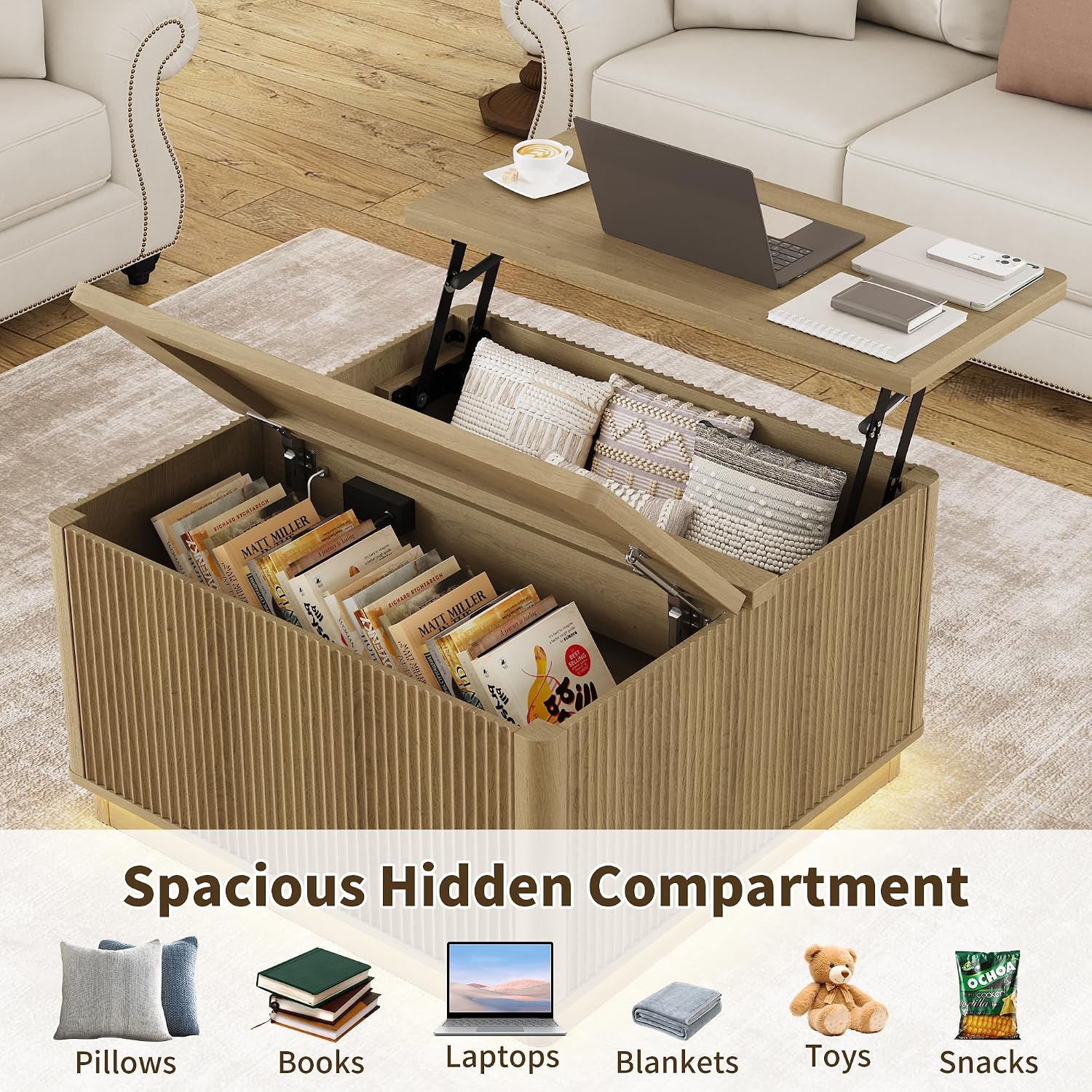 Modern Lift Top Coffee Table with Storage, Square Coffee Tables with LED Lighting and Power Outlet, Wooden Square Center Table for Living Room, Home Office, Natural