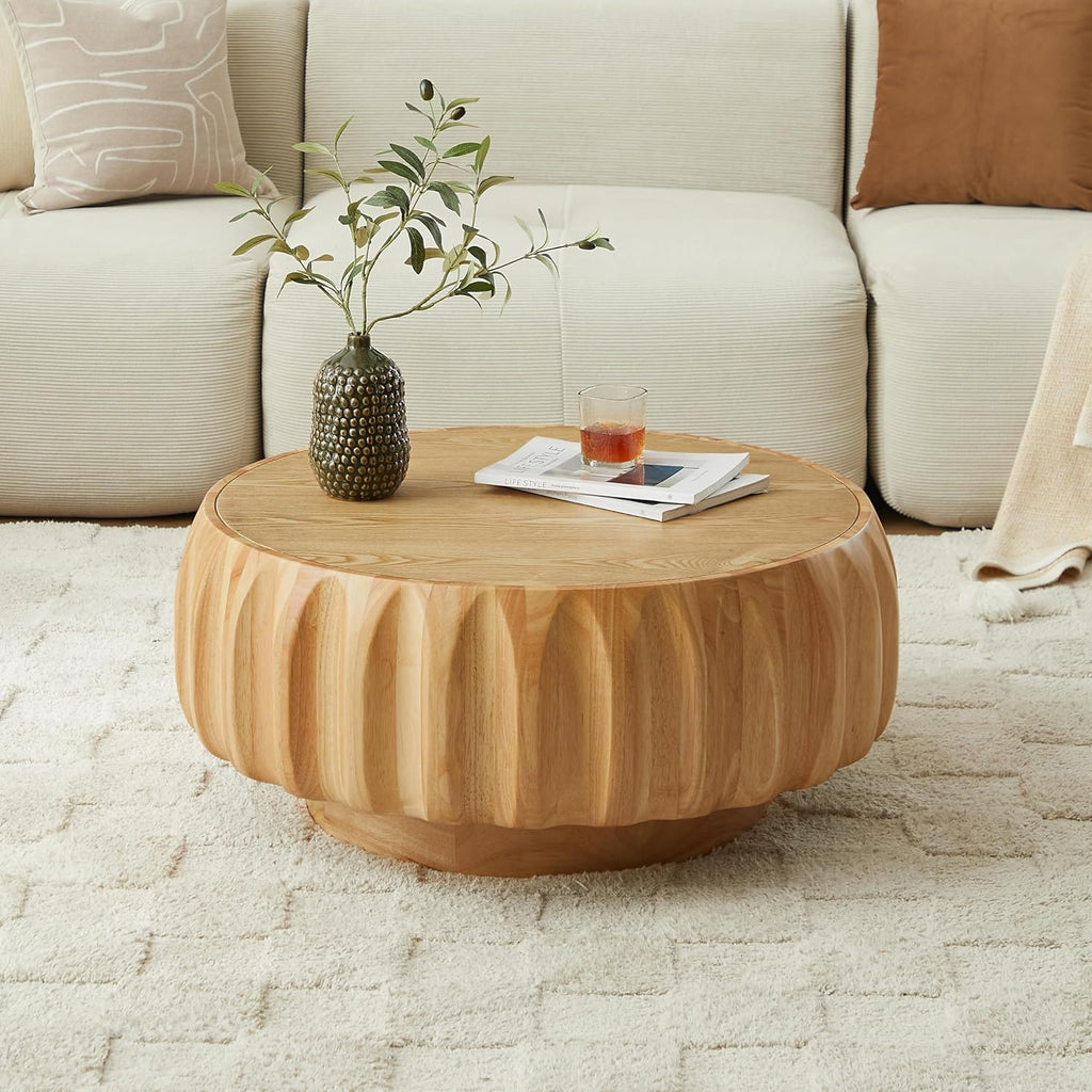 31.5'' Walnut Round Wood Coffee Table for Living Room, Modern Contemporary Circle Fluted Drum Pedestal Coffee Table, Natural Wood Grain & Easy Assembly, Natural