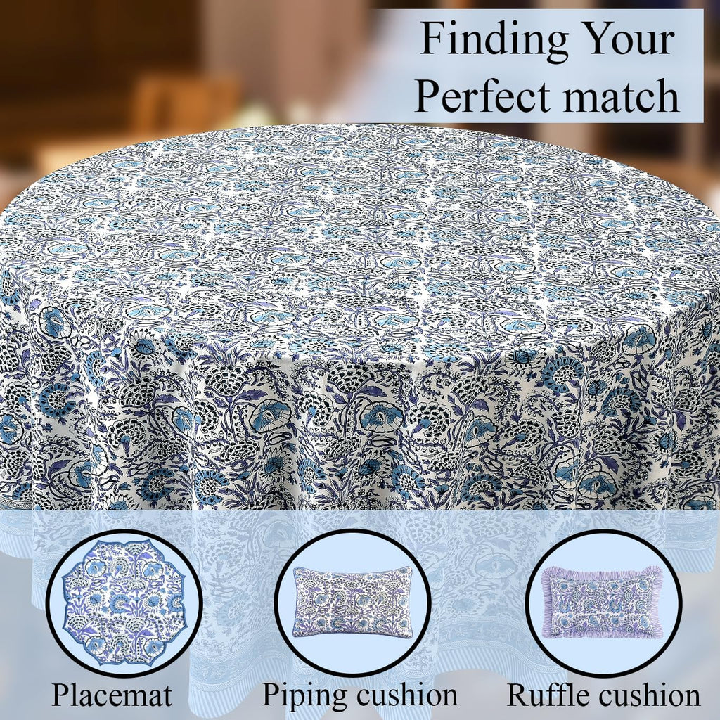 CPC Indigo Blue Block Print Cotton Handmade Round Tablecloth 120 Inch Decorative Table Cover for Home Decor, Dinning, Festive, Wedding, Farmhouse Gift for Spring, Mother's Day