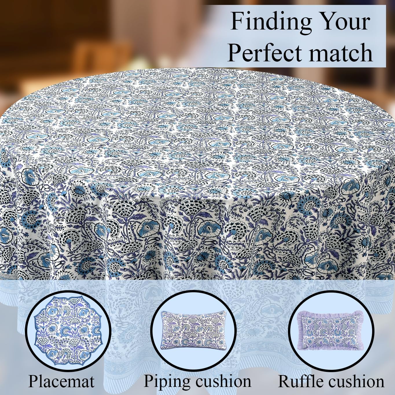 CPC Indigo Blue Block Print Cotton Handmade Round Tablecloth 120 Inch Decorative Table Cover for Home Decor, Dinning, Festive, Wedding, Farmhouse Gift for Spring, Mother's Day