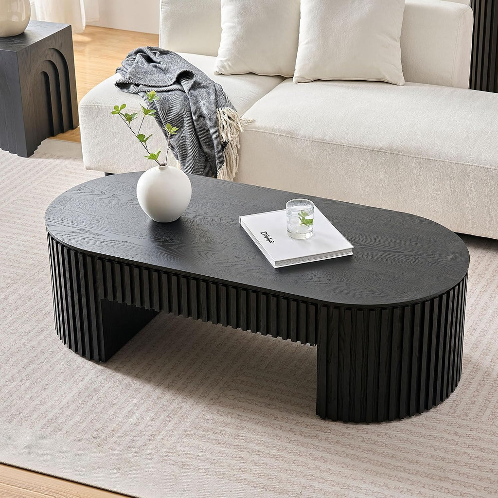 JUSTONE 51.18'' Black Oval Wood Coffee Table with Drawer, Farmhouse Wood Coffee Table for Living Room,Apartment(Black)