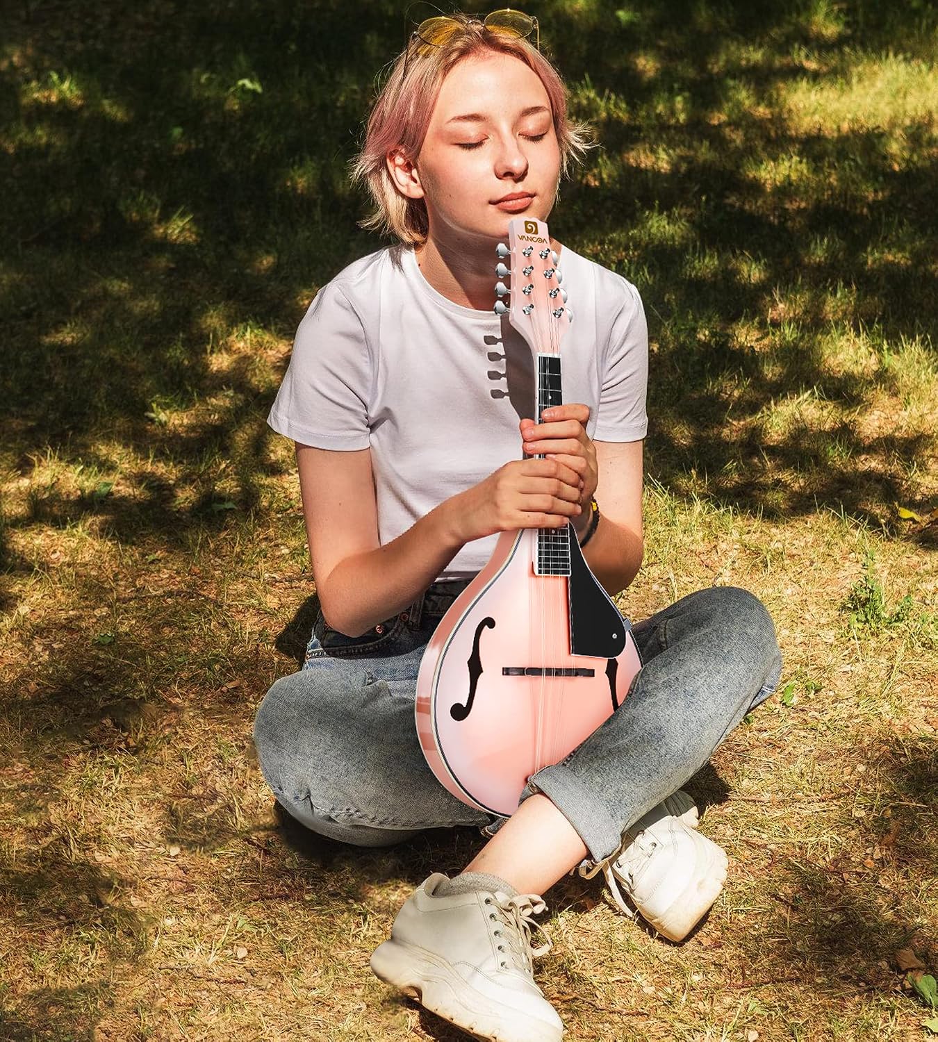Vangoa Mandolin instrument A Style Mandolin Musical Instrument for Beginners Kids Adults, 8 String Acoustic Mahogany Starter Kits, Pink