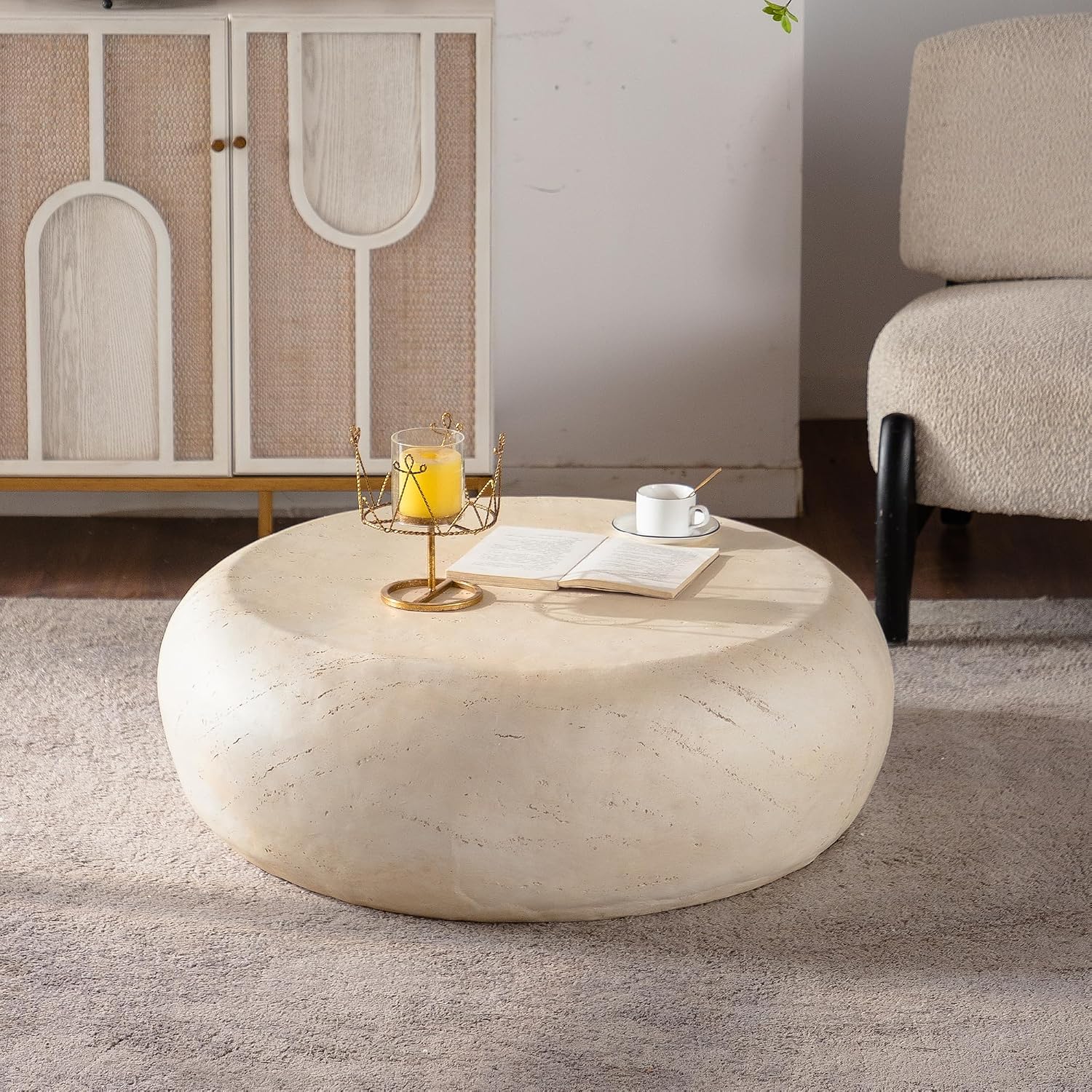 35.43' Round MgO Coffee Table for Living Room, Mid-Century Modern Vintage Faux Stone Circle Center SideTable for Living Room No Assembly, Beige