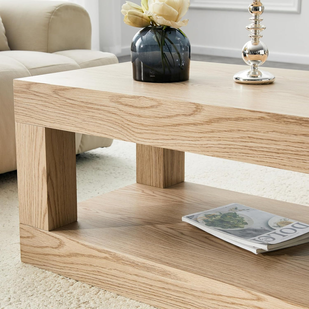 LKTART 39.37' Coffee Table with Storage, 2-Tier Mid Century Rectangular Accent Table with Thick Tabletop, Rustic Style Cocktail, Center Table for Living Room, Office, Apartment (Natural)