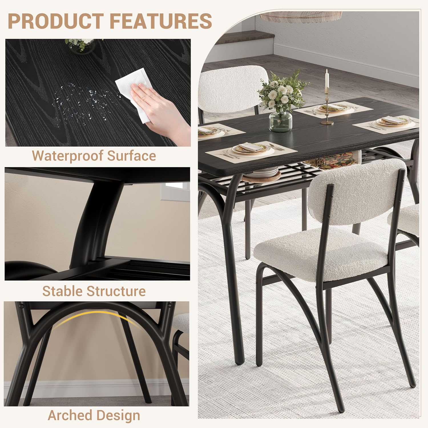 GarveeHome 5-Piece Dining Table Set for 4, Modern Kitchen Table with 4 Boucle Chairs, Rectangular Dining Table with Storage Shelf & Marble Tabletop, Home Dining Furniture for Small Space, Beige+Black